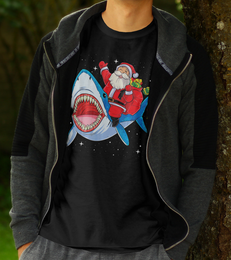 Christmas Kids Santa Riding Shark With Gifts T-Shirt