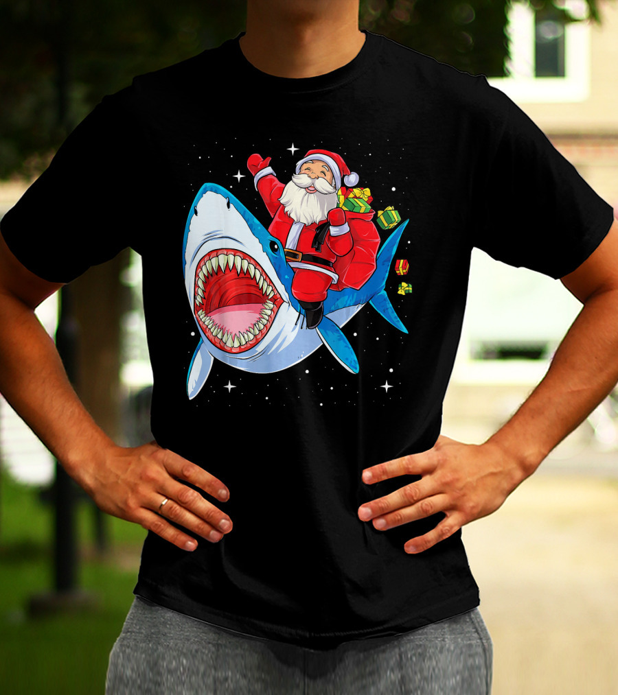 Christmas Kids Santa Riding Shark With Gifts T-Shirt