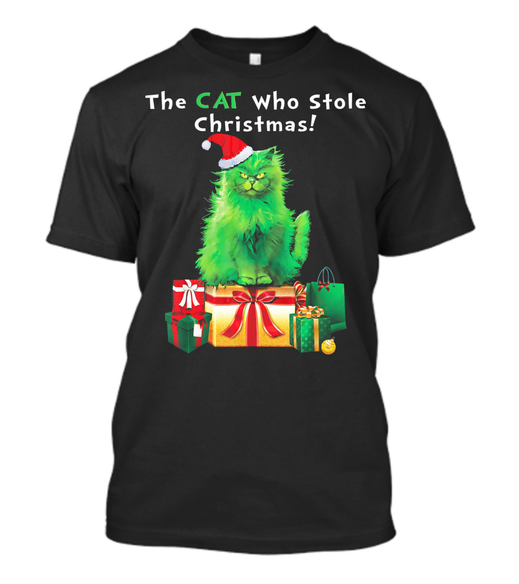 The CAT Who Stole Christmas Holiday Purr With Santa Hat And Gifts T-Shirt