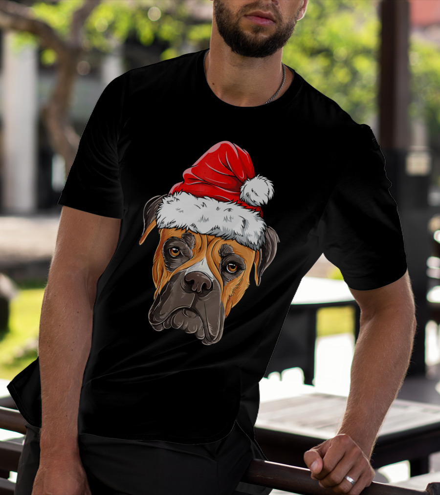 Boxer Dog With Santa Hat Christmas Holiday T-Shirt
