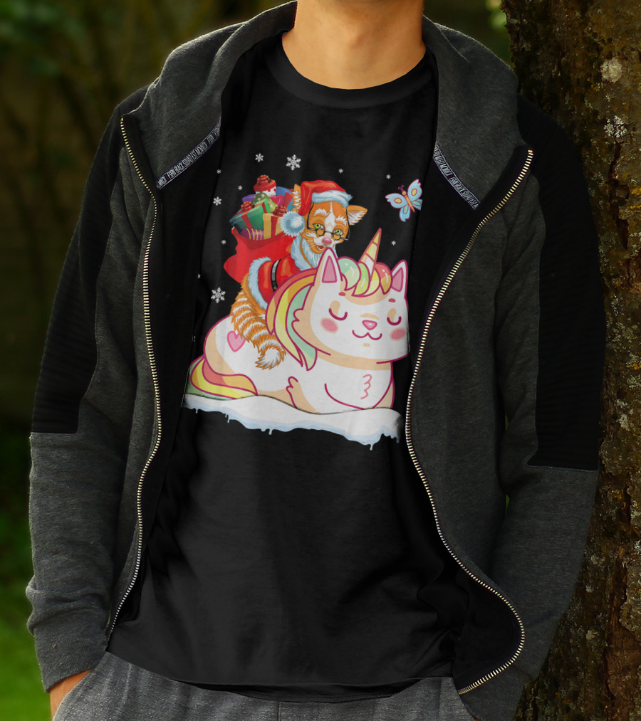 Santa Cat Riding Unicorn With Christmas Presents And Butterfly T-Shirt
