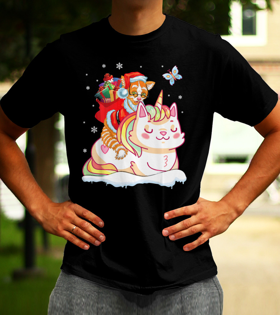 Santa Cat Riding Unicorn With Christmas Presents And Butterfly T-Shirt