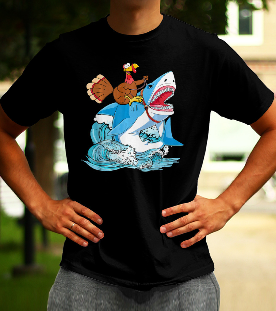 Dabbing Turkey Riding Great White Shark Waves T-Shirt