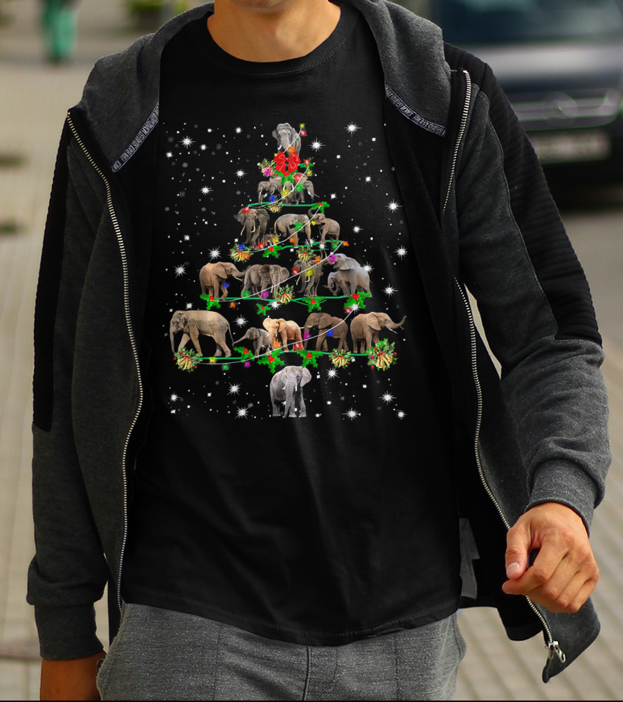 Funny Elephants Christmas Tree Ornament Holiday Decor With Festive Snowflakes And Lights T-Shirt