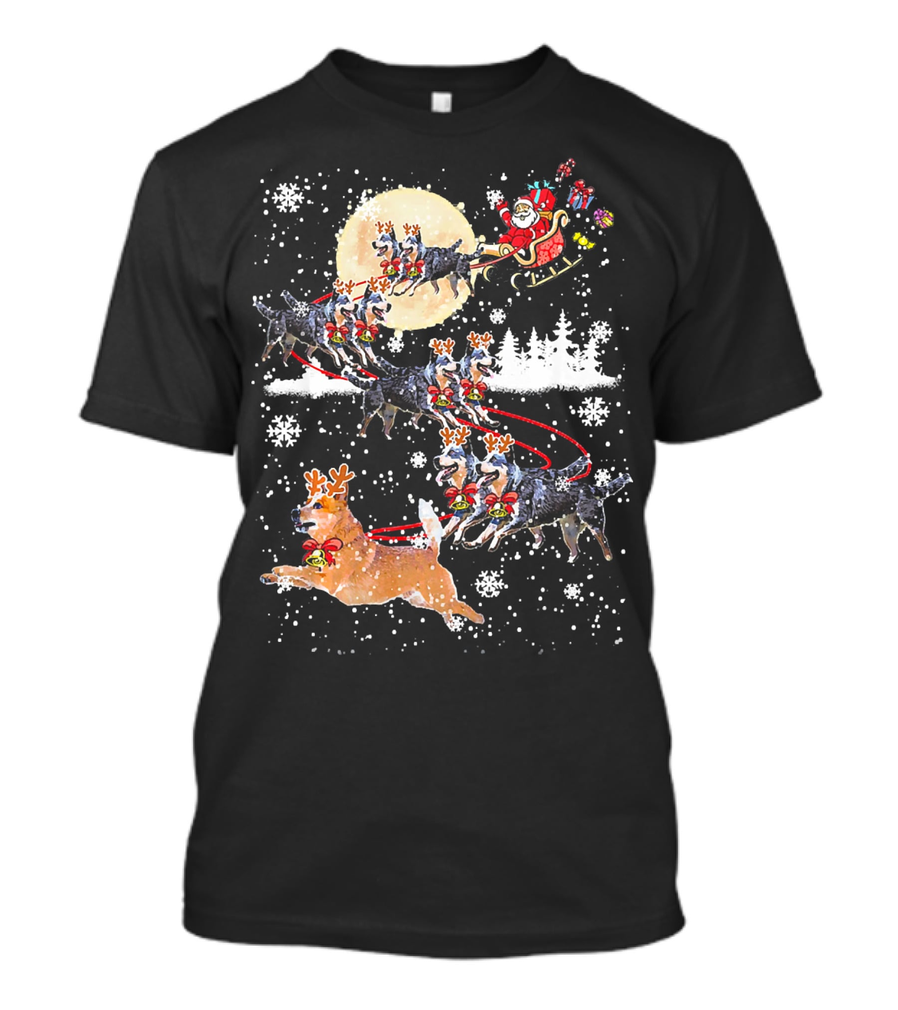 Heeler Reindeer Santa Sleigh Christmas Moon Dog T-Shirt