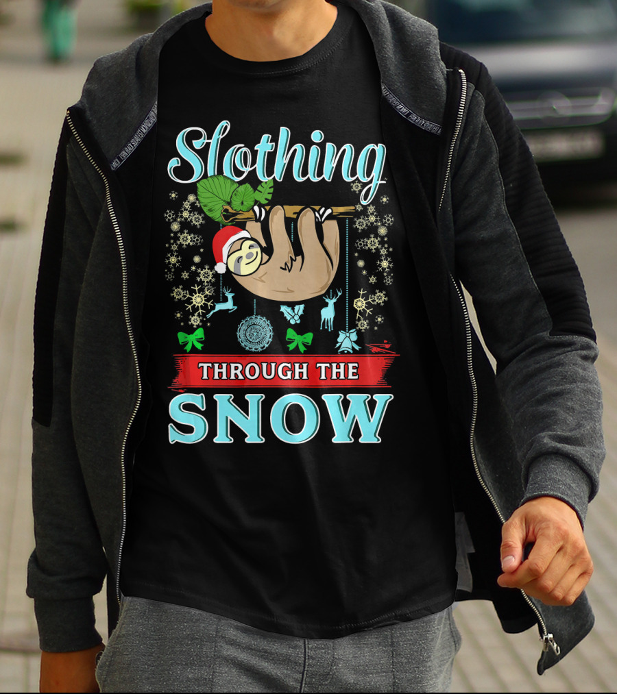 Slothing Through The Snow Cute Christmas Sloth With Santa Hat And Snowflakes T-Shirt