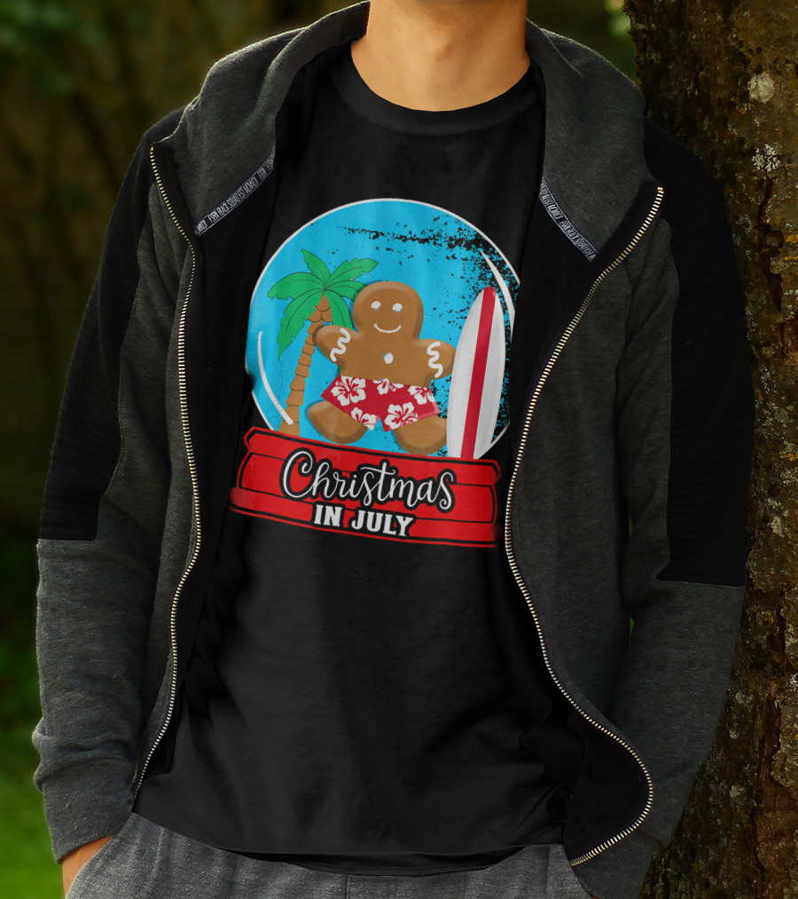 Christmas In July Surfing Gingerbread Snow Globe T-Shirt