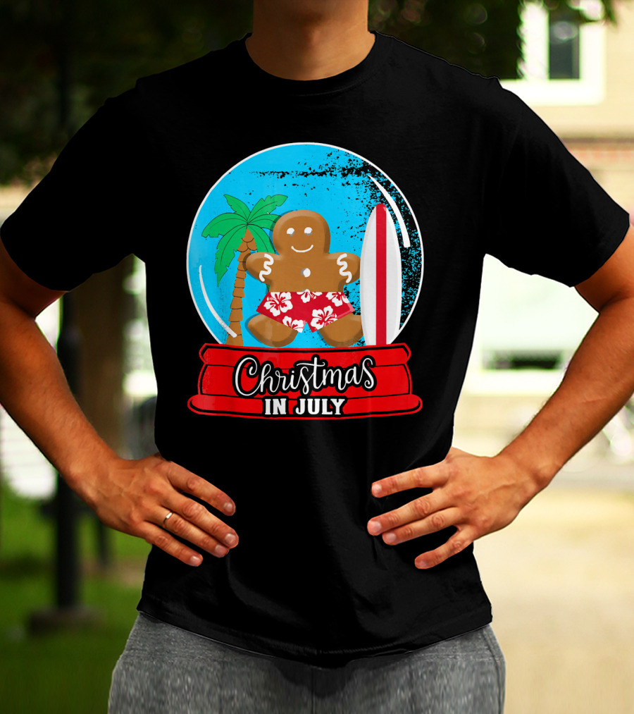 Christmas In July Surfing Gingerbread Snow Globe T-Shirt