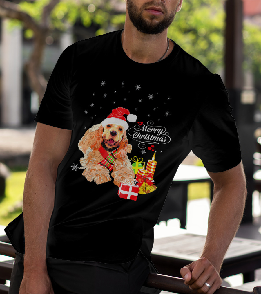 Cocker Spaniel Merry Christmas Santa Hat Candles Gifts Snowflakes T-Shirt
