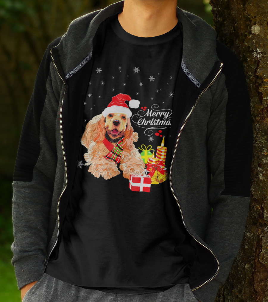 Cocker Spaniel Merry Christmas Santa Hat Candles Gifts Snowflakes T-Shirt