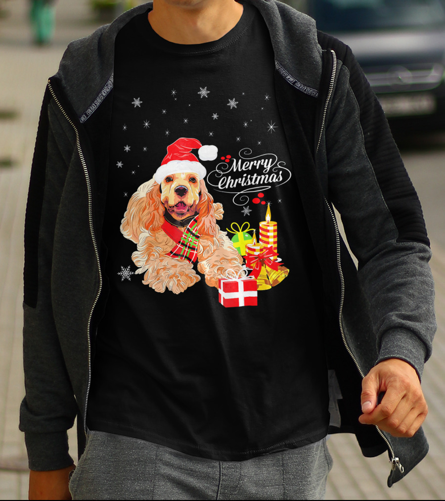 Cocker Spaniel Merry Christmas Santa Hat Candles Gifts Snowflakes T-Shirt