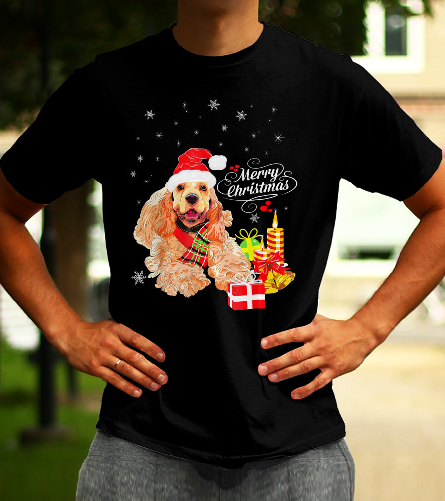 Cocker Spaniel Merry Christmas Santa Hat Candles Gifts Snowflakes T-Shirt