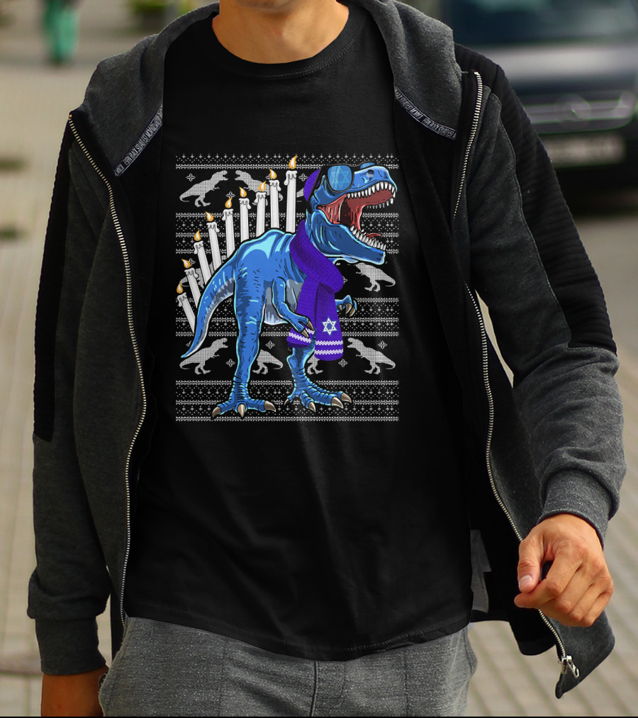 Menorasaurus Rex Dinosaur Wearing Blue Scarf And Sunglasses With Candles And Dinosaur T-Shirt