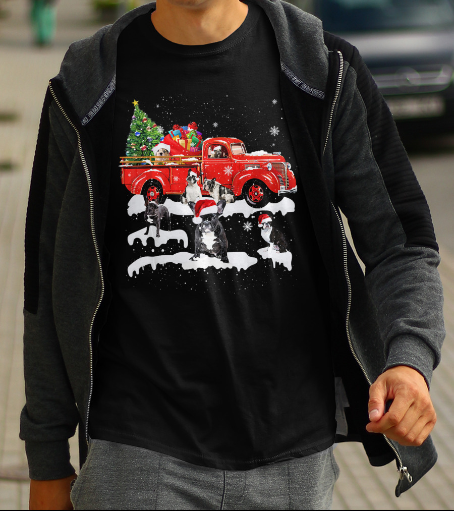French Bulldog Christmas Red Truck With Santa Hats And Gifts T-Shirt