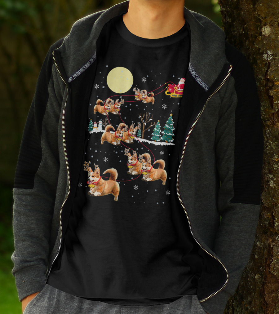Christmas Corgi Santa Sleigh Cute Holiday Pajamas T-Shirt