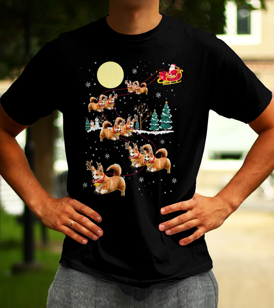 Christmas Corgi Santa Sleigh Cute Holiday Pajamas T-Shirt