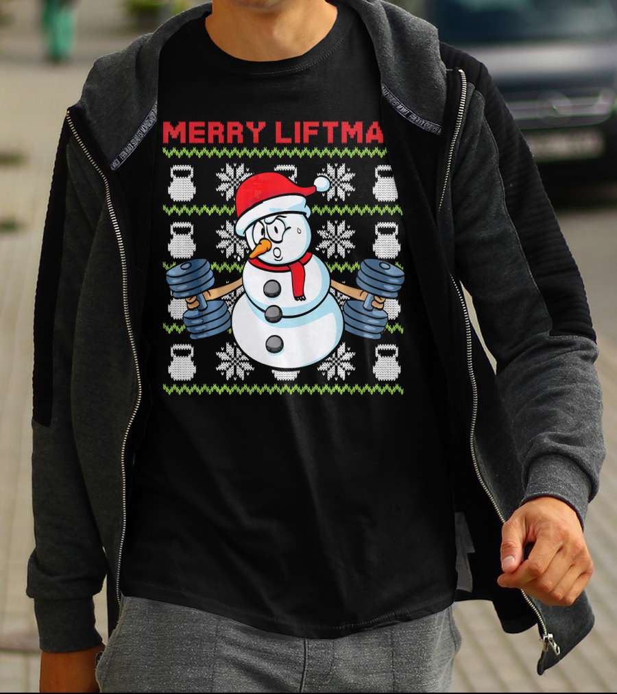 Merry Liftmas Fitness Snowman Xmas Weightlifting Kettlebells T-Shirt