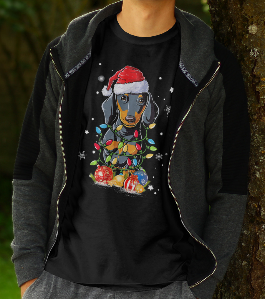 Dachshund Wrapped In Christmas Lights With Santa Hat And Ornaments T-Shirt