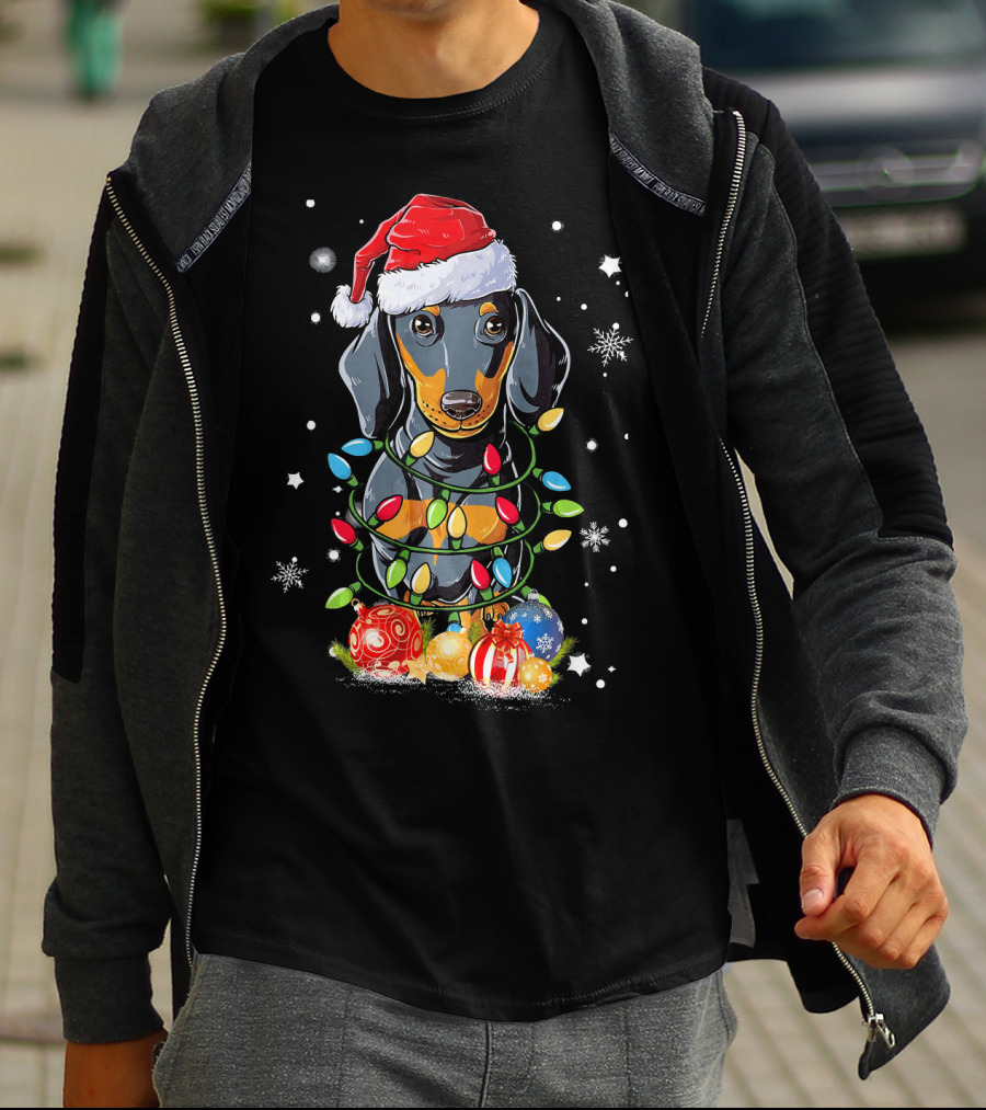 Dachshund Wrapped In Christmas Lights With Santa Hat And Ornaments T-Shirt