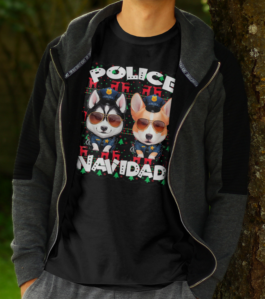 Police Navidad Ugly Christmas Dog Cops With Sunglasses T-Shirt