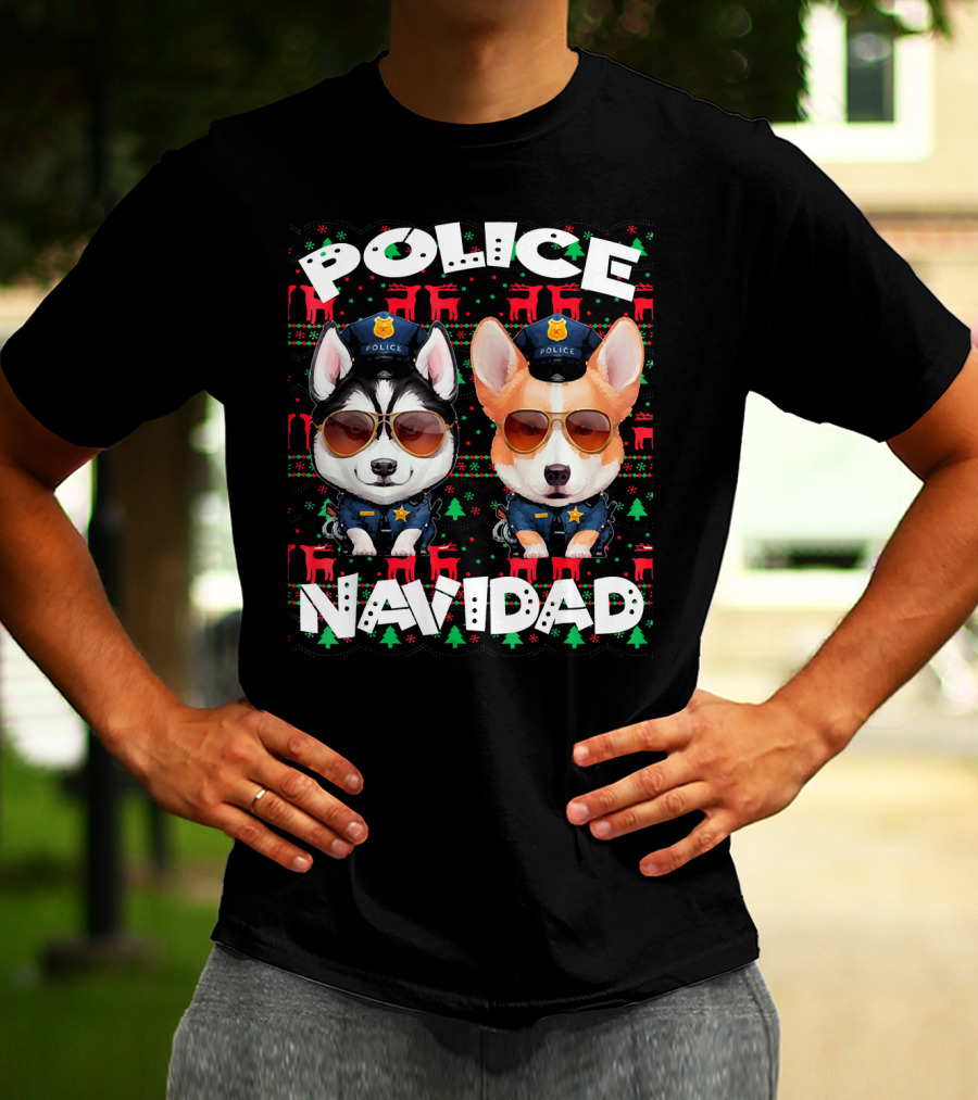 Police Navidad Ugly Christmas Dog Cops With Sunglasses T-Shirt