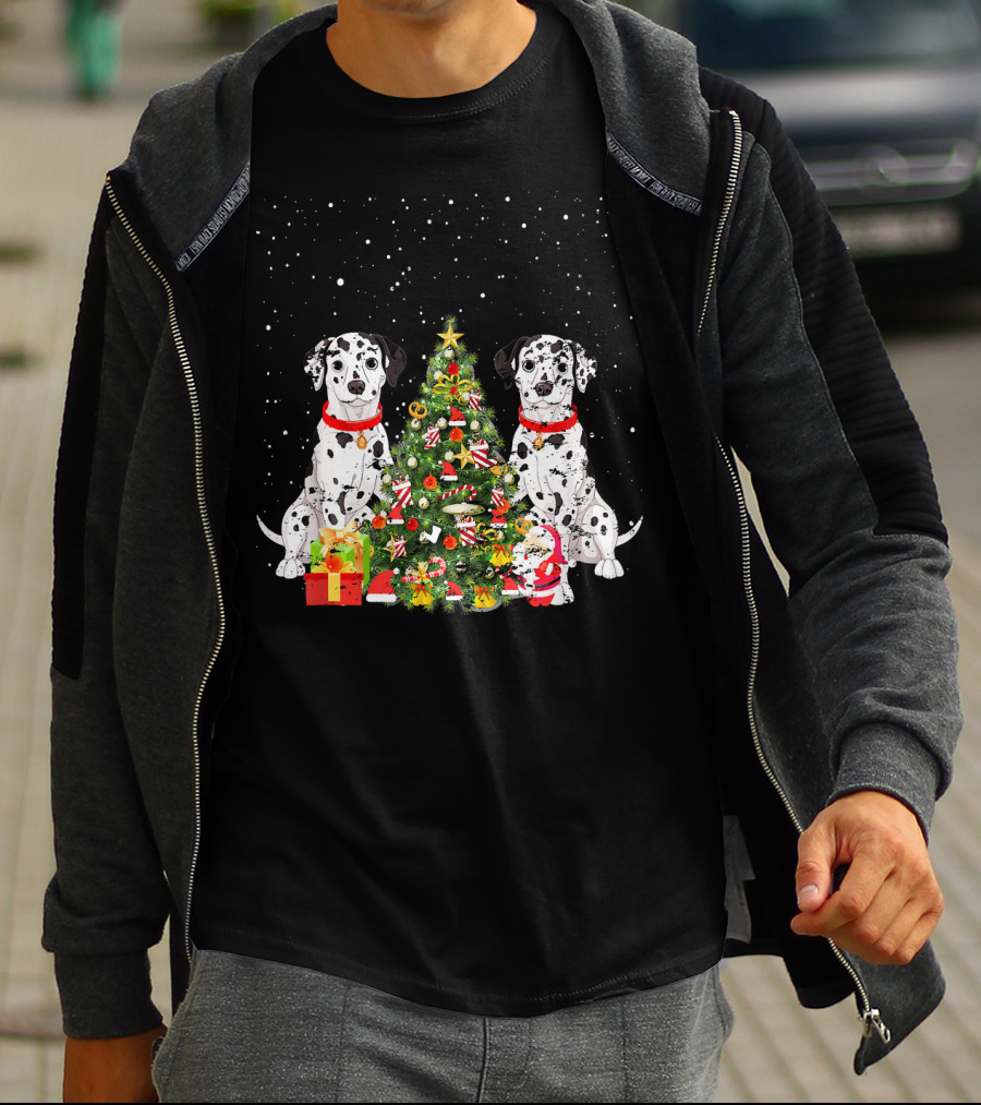 Dalmatian Christmas Tree Dalmatian Holiday Costume With Gifts And Santa T-Shirt