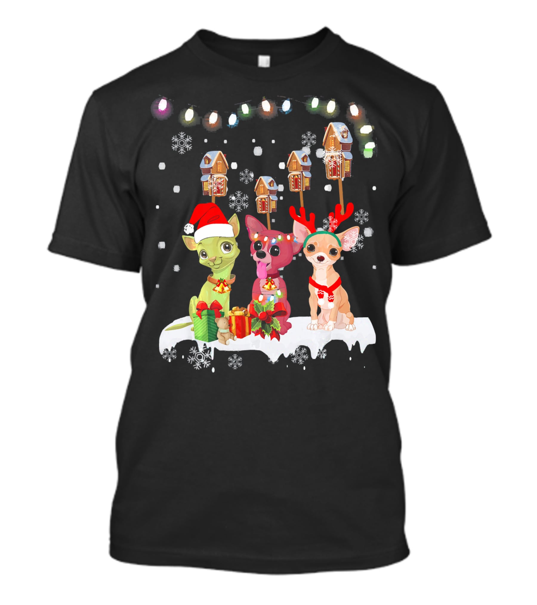 Chihuahua Christmas Light With Santa Hat And Reindeer Antlers T-Shirt