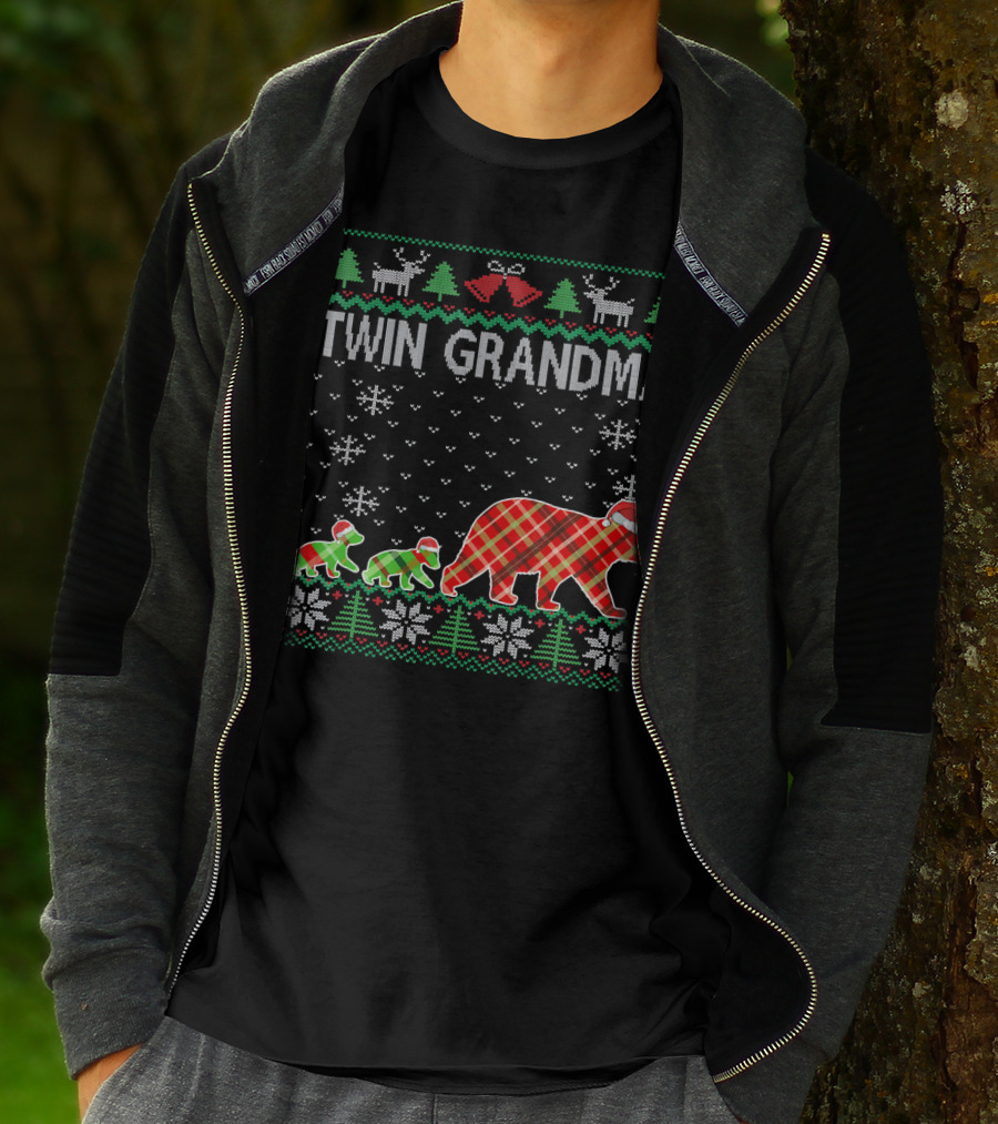 Twin Grandma Matching Ugly Christmas Plaid Bear Family Snowflakes Trees T-Shirt