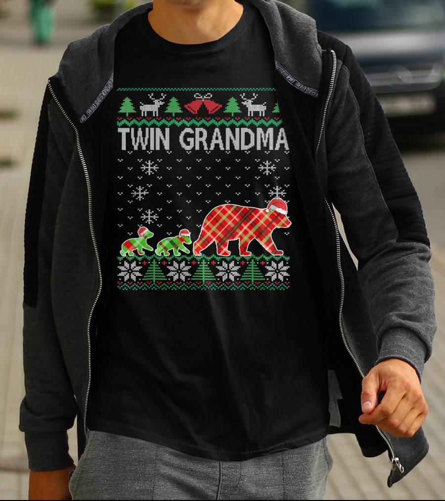 Twin Grandma Matching Ugly Christmas Plaid Bear Family Snowflakes Trees T-Shirt