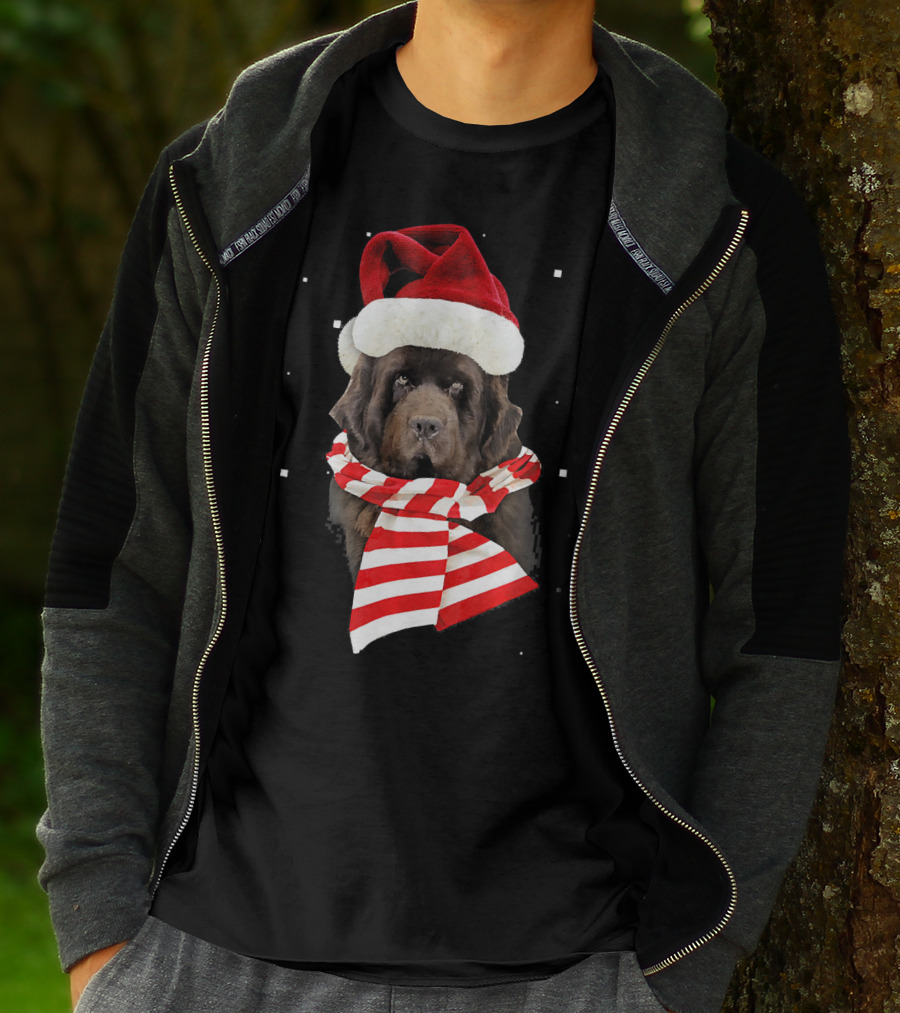 Newfoundland Santa Merry Christmas Dog With Red Hat And Scarf T-Shirt
