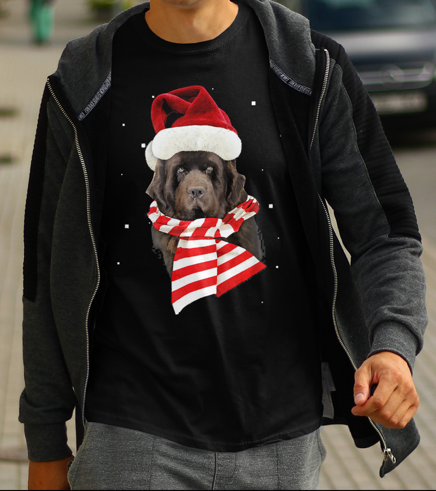 Newfoundland Santa Merry Christmas Dog With Red Hat And Scarf T-Shirt