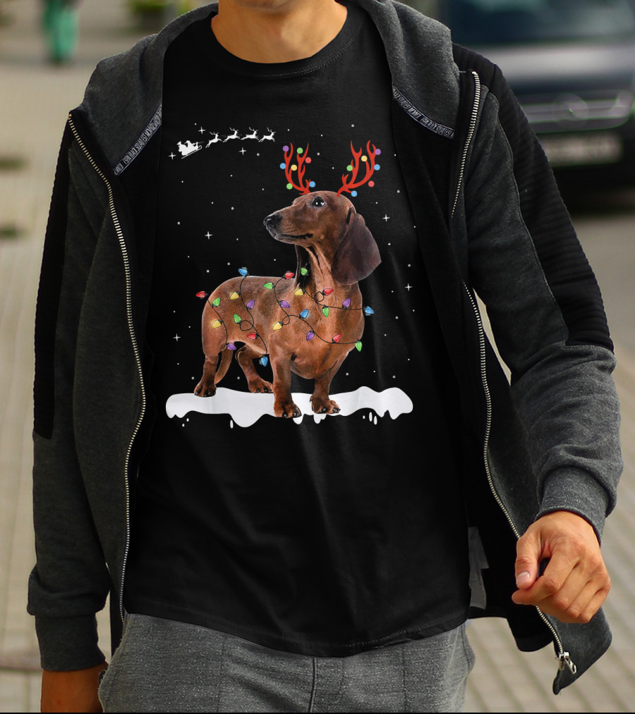 Reindeer Dachshund With Holiday Lights And Santa Sleigh T-Shirt