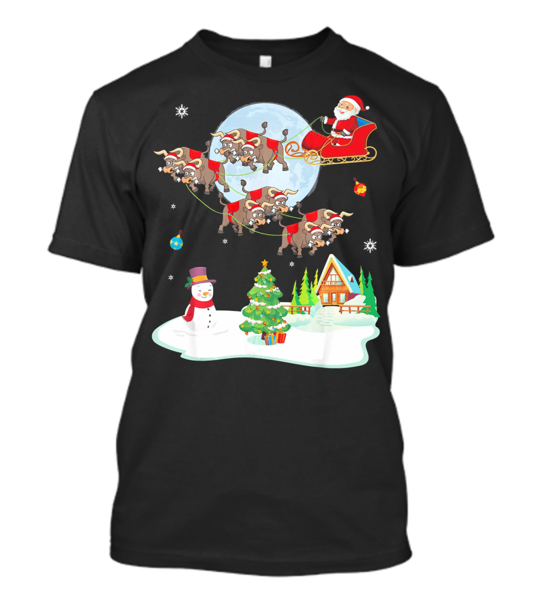 Santa Claus Buffalo Sleigh Snowman Christmas Scene T-Shirt