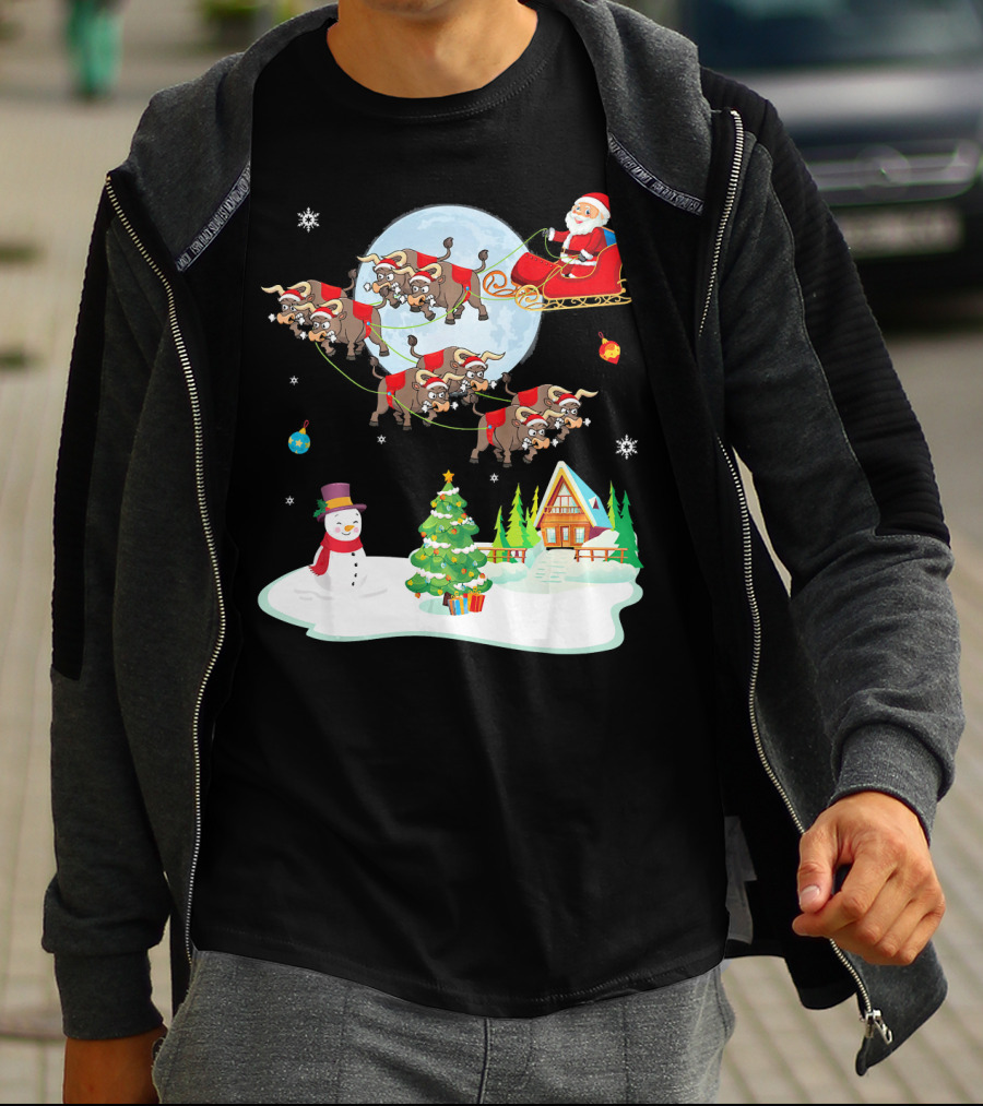 Santa Claus Buffalo Sleigh Snowman Christmas Scene T-Shirt