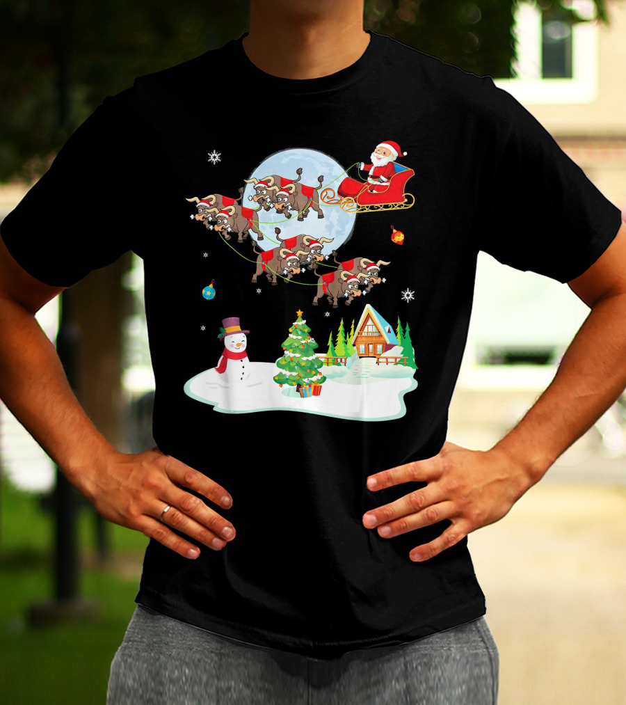 Santa Claus Buffalo Sleigh Snowman Christmas Scene T-Shirt