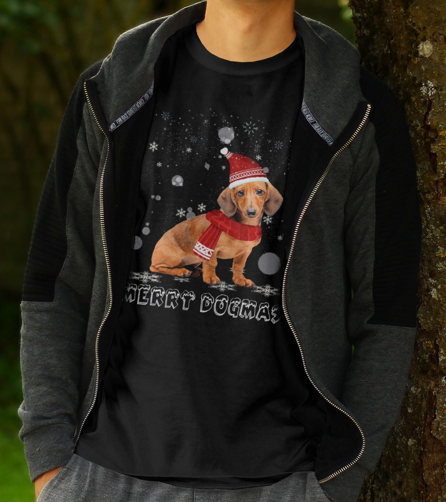 Merry Dogmas Dachshund Dog In Snow With Santa Hat And Scarf T-Shirt
