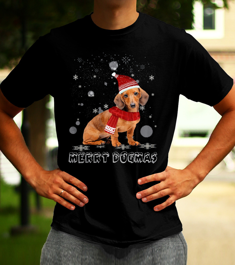 Merry Dogmas Dachshund Dog In Snow With Santa Hat And Scarf T-Shirt