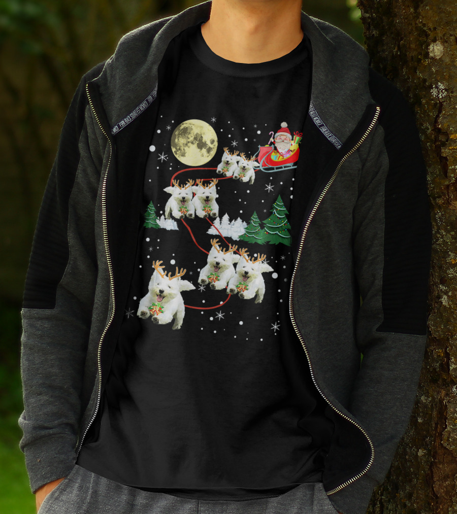 Santa Sleigh With Westie Reindeer Christmas Moon And Trees T-Shirt