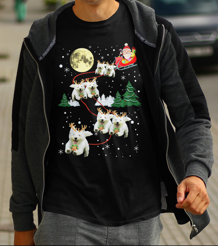 Santa Sleigh With Westie Reindeer Christmas Moon And Trees T-Shirt