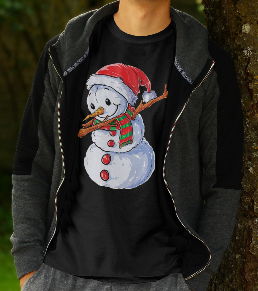 Festive Snowman With Santa Hat And Striped Scarf T-Shirt
