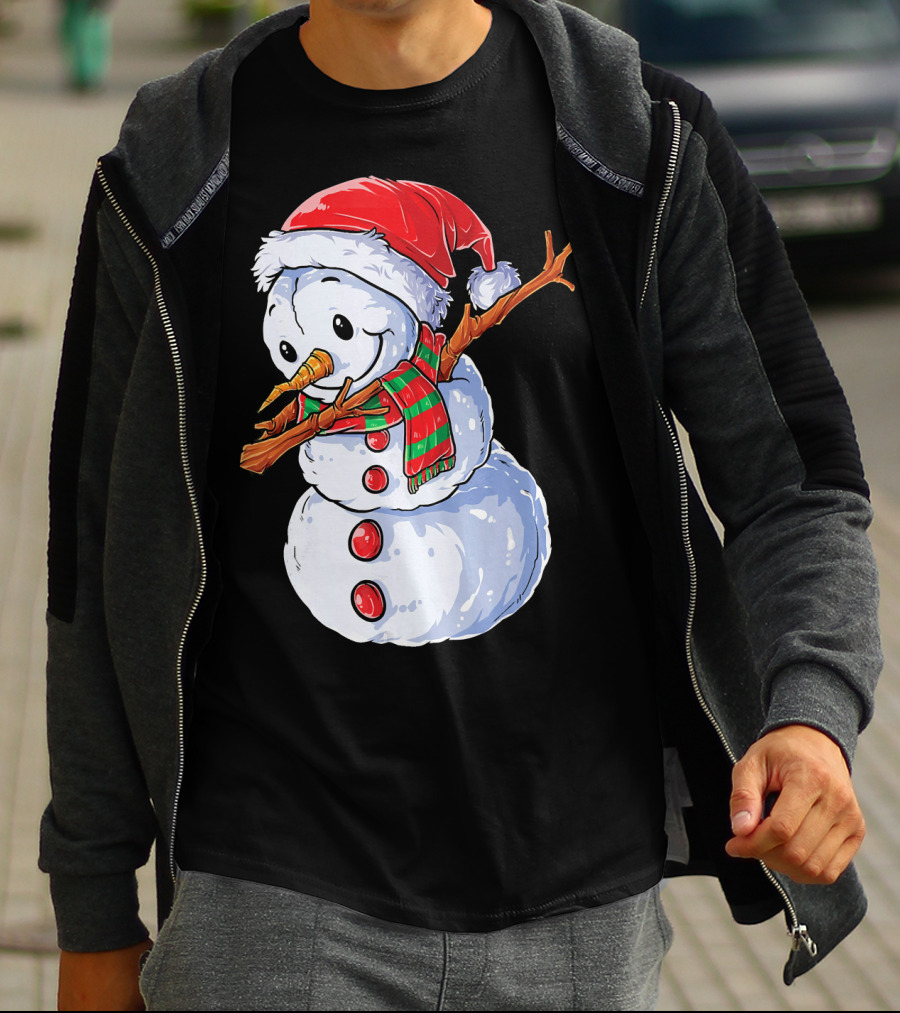 Festive Snowman With Santa Hat And Striped Scarf T-Shirt