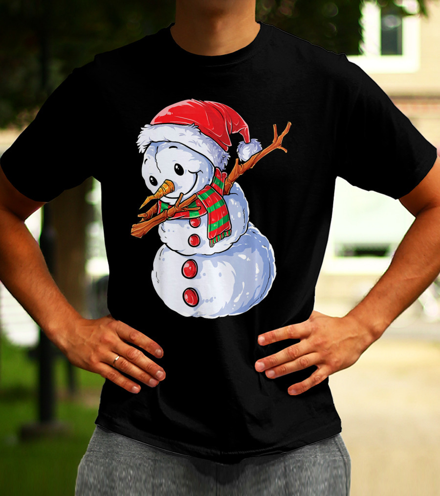 Festive Snowman With Santa Hat And Striped Scarf T-Shirt