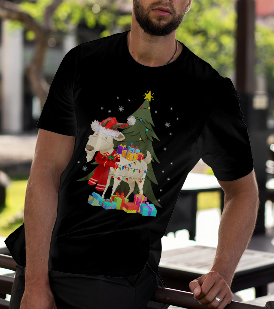 Goat Christmas Lights Funny Goat Santa Hat Presents Tree Snowflakes T-Shirt