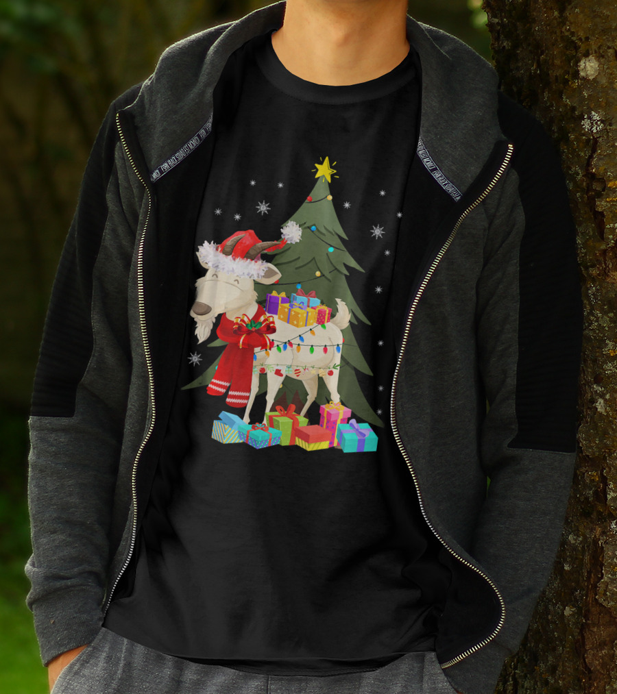 Goat Christmas Lights Funny Goat Santa Hat Presents Tree Snowflakes T-Shirt