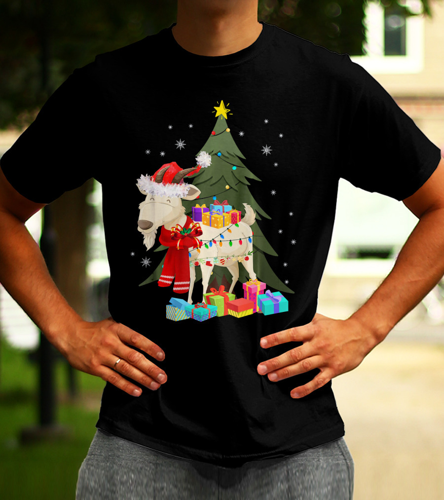 Goat Christmas Lights Funny Goat Santa Hat Presents Tree Snowflakes T-Shirt