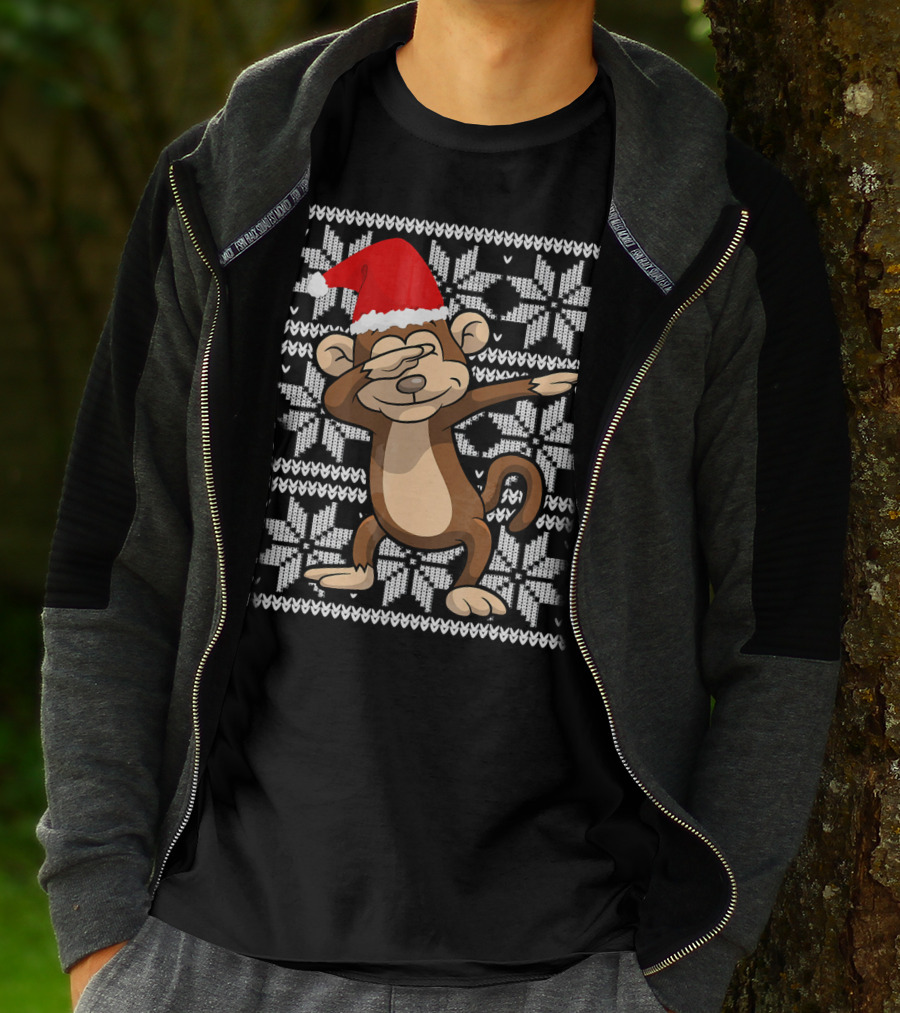 UGLY CHRISTMAS Dabbing Monkey Dab Santa Hat Snowflake T-Shirt