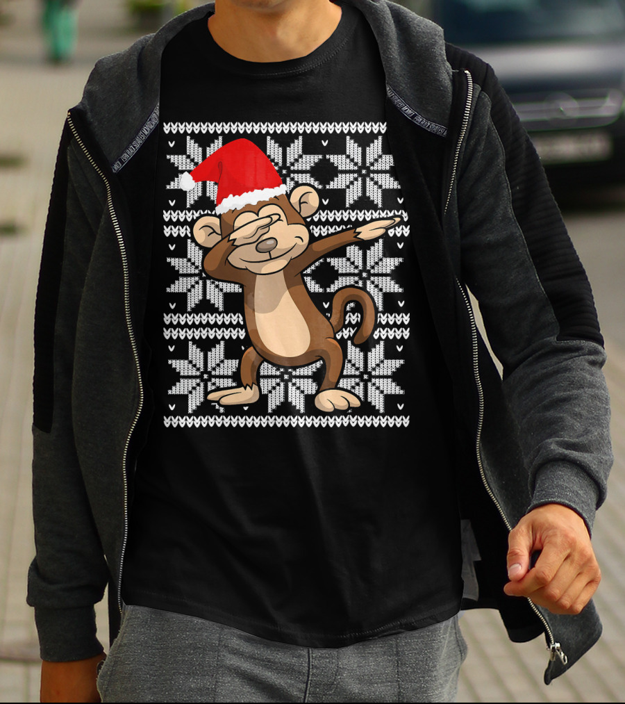 UGLY CHRISTMAS Dabbing Monkey Dab Santa Hat Snowflake T-Shirt