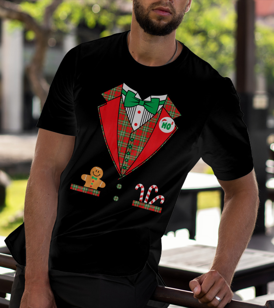 Funny Christmas Costume Tuxedo Ho Ho Ho Bow Tie Gingerbread Candy Cane T-Shirt