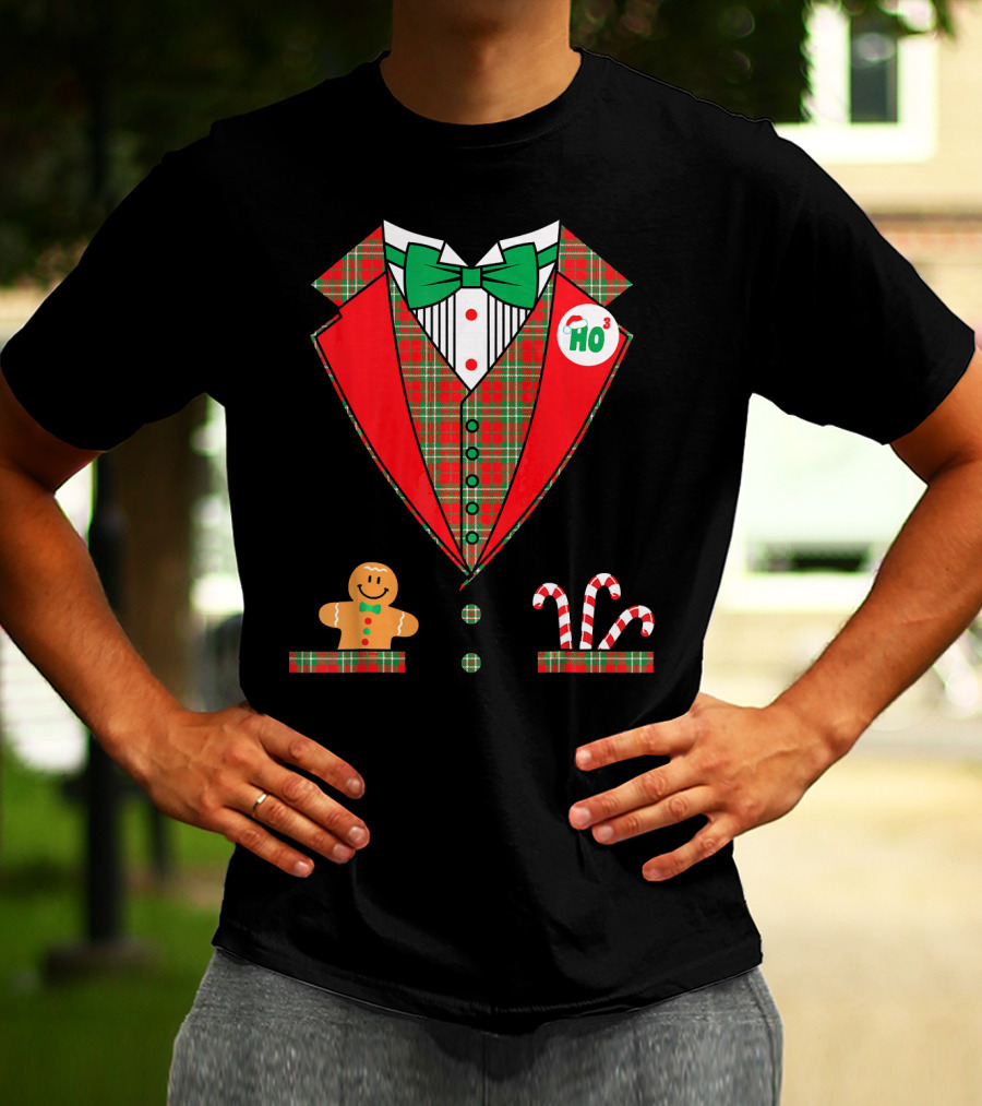 Funny Christmas Costume Tuxedo Ho Ho Ho Bow Tie Gingerbread Candy Cane T-Shirt