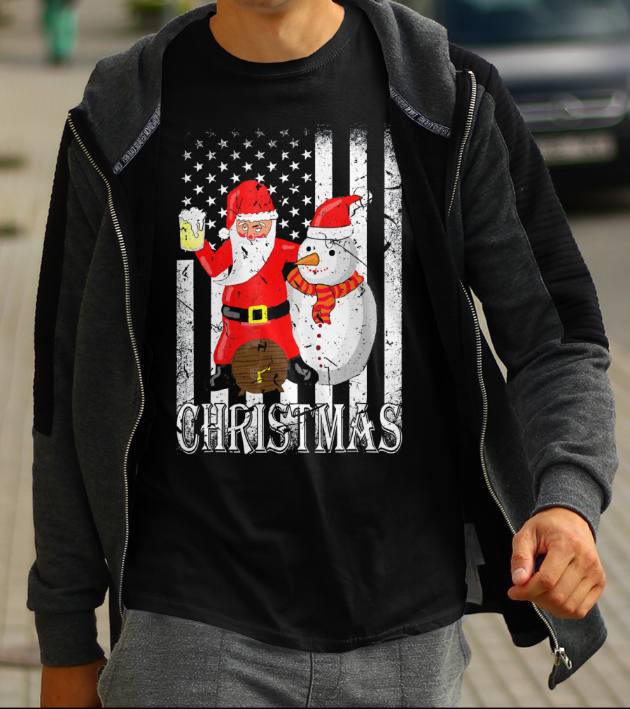 Christmas Santa Claus Snowman With Beer American Flag T-Shirt